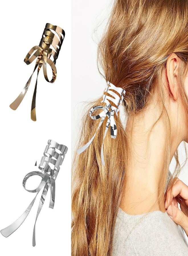 Ylapagne 2 PCS Bow Metal Hair Cuffs Fashionable Silver and Gold Metal Ponytail Cuffs Butterfly Bowknot Medium Irregular Hair Clips for Low Ponytail Holder - Image 1